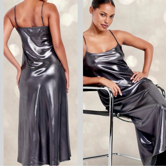 NWTS🌹THE OCCASION XL🌹LIQUID SILVER STEEL SATIN MAXI DRESS FITTED SLIP DRESS - Picture 8 of 15